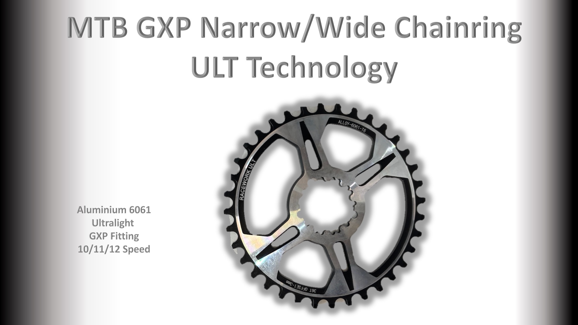 MTB (36T) 10/11/12s GXP 1x Round 3mm offset Black/Silver RACEWORX (Narrow/Wide Tooth Design) ULT