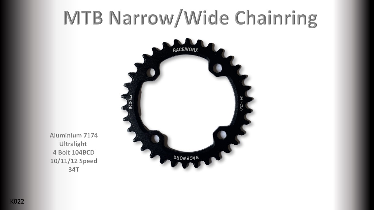 MTB (34T) 104BCD 10/11/12s 4 bolt 1x Round Black RACEWORX (Narrow/Wide Tooth Design)