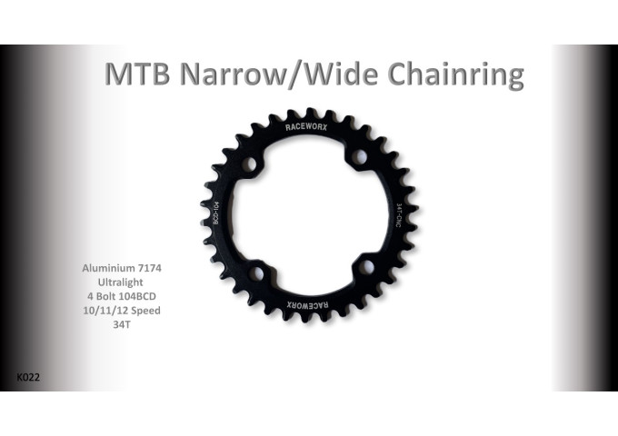 MTB (34T) 104BCD 10/11/12s 4 bolt 1x Round Black RACEWORX (Narrow/Wide Tooth Design)