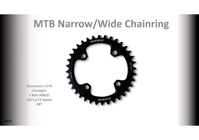 MTB (38T) 96BCD 10/11/12s 4 bolt 1x Round Black RACEWORX (Narrow/Wide Tooth Design)